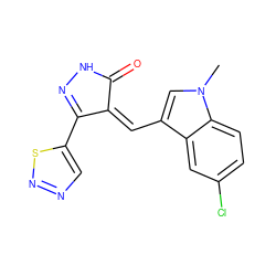 Cn1cc(/C=C2\C(=O)NN=C2c2cnns2)c2cc(Cl)ccc21 ZINC000028954997