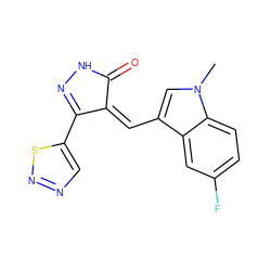 Cn1cc(/C=C2\C(=O)NN=C2c2cnns2)c2cc(F)ccc21 ZINC000028954995