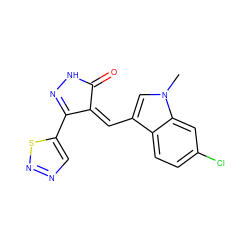 Cn1cc(/C=C2\C(=O)NN=C2c2cnns2)c2ccc(Cl)cc21 ZINC000028955060