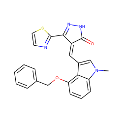 Cn1cc(/C=C2\C(=O)NN=C2c2nccs2)c2c(OCc3ccccc3)cccc21 ZINC000073162358