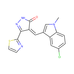 Cn1cc(/C=C2\C(=O)NN=C2c2nccs2)c2cc(Cl)ccc21 ZINC000028572238