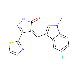 Cn1cc(/C=C2\C(=O)NN=C2c2nccs2)c2cc(F)ccc21 ZINC000028572415