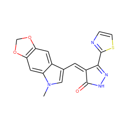 Cn1cc(/C=C2\C(=O)NN=C2c2nccs2)c2cc3c(cc21)OCO3 ZINC000036338808