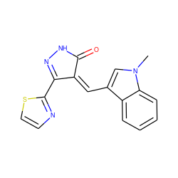 Cn1cc(/C=C2\C(=O)NN=C2c2nccs2)c2ccccc21 ZINC000028572336