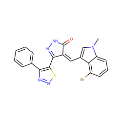 Cn1cc(/C=C2\C(=O)NN=C2c2snnc2-c2ccccc2)c2c(Br)cccc21 ZINC000028955364