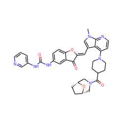 Cn1cc(/C=C2\Oc3ccc(NC(=O)Nc4cccnc4)cc3C2=O)c2c(N3CCC(C(=O)N4C[C@@H]5CC[C@H](C4)O5)CC3)ccnc21 ZINC000049793590