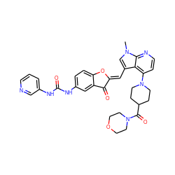 Cn1cc(/C=C2\Oc3ccc(NC(=O)Nc4cccnc4)cc3C2=O)c2c(N3CCC(C(=O)N4CCOCC4)CC3)ccnc21 ZINC000049781138