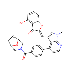 Cn1cc(/C=C2\Oc3cccc(O)c3C2=O)c2c(-c3ccc(C(=O)N4C[C@@H]5CC[C@H](C4)O5)cc3)ccnc21 ZINC000049087733