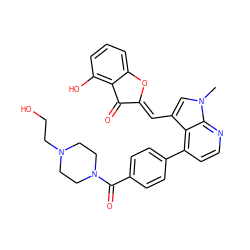 Cn1cc(/C=C2\Oc3cccc(O)c3C2=O)c2c(-c3ccc(C(=O)N4CCN(CCO)CC4)cc3)ccnc21 ZINC000049125261