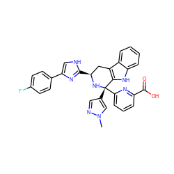 Cn1cc([C@@]2(c3cccc(C(=O)O)n3)N[C@@H](c3nc(-c4ccc(F)cc4)c[nH]3)Cc3c2[nH]c2ccccc32)cn1 ZINC000299832185