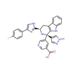 Cn1cc([C@@]2(c3cncc(C(=O)O)c3)N[C@@H](c3nc(-c4ccc(F)cc4)c[nH]3)Cc3c2[nH]c2ccccc32)cn1 ZINC000299832770