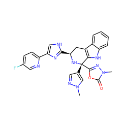 Cn1cc([C@@]2(c3nn(C)c(=O)o3)N[C@@H](c3nc(-c4ccc(F)cn4)c[nH]3)Cc3c2[nH]c2ccccc32)cn1 ZINC000114810994