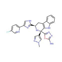 Cn1cc([C@@]2(c3nnc(N)o3)N[C@@H](c3nc(-c4ccc(F)cn4)c[nH]3)Cc3c2[nH]c2ccccc32)cn1 ZINC000141379015