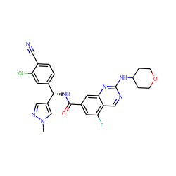 Cn1cc([C@@H](NC(=O)c2cc(F)c3cnc(NC4CCOCC4)nc3c2)c2ccc(C#N)c(Cl)c2)cn1 ZINC000207557833