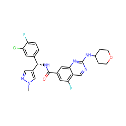 Cn1cc([C@@H](NC(=O)c2cc(F)c3cnc(NC4CCOCC4)nc3c2)c2ccc(F)c(Cl)c2)cn1 ZINC000205150815