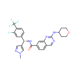 Cn1cc([C@@H](NC(=O)c2ccc3cnc(NC4CCOCC4)nc3c2)c2ccc(C(F)(F)F)c(F)c2)cn1 ZINC000205153319