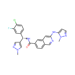 Cn1cc([C@@H](NC(=O)c2ccc3cnc(Nc4ccnn4C)cc3c2)c2ccc(Cl)c(F)c2)cn1 ZINC000205432344