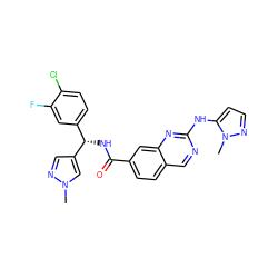 Cn1cc([C@@H](NC(=O)c2ccc3cnc(Nc4ccnn4C)nc3c2)c2ccc(Cl)c(F)c2)cn1 ZINC000205053882