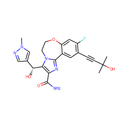 Cn1cc([C@@H](O)c2c(C(N)=O)nc3n2CCOc2cc(F)c(C#CC(C)(C)O)cc2-3)cn1 ZINC000219389265