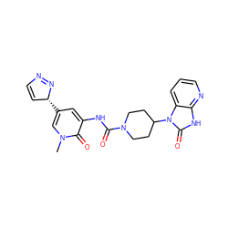 Cn1cc([C@@H]2C=CN=N2)cc(NC(=O)N2CCC(n3c(=O)[nH]c4ncccc43)CC2)c1=O ZINC000029128540