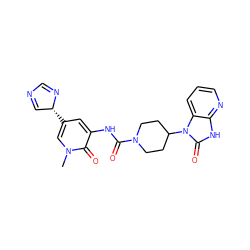 Cn1cc([C@@H]2C=NC=N2)cc(NC(=O)N2CCC(n3c(=O)[nH]c4ncccc43)CC2)c1=O ZINC000049794073