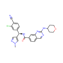 Cn1cc([C@H](NC(=O)c2ccc3cnc(NC4CCOCC4)nc3c2)c2ccc(C#N)c(Cl)c2)cn1 ZINC000205037421