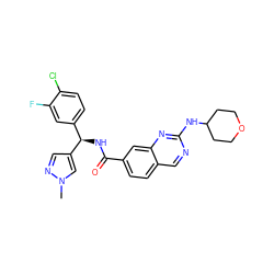 Cn1cc([C@H](NC(=O)c2ccc3cnc(NC4CCOCC4)nc3c2)c2ccc(Cl)c(F)c2)cn1 ZINC000207535122