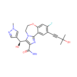 Cn1cc([C@H](O)c2c(C(N)=O)nc3n2CCOc2cc(F)c(C#CC(C)(C)O)cc2-3)cn1 ZINC000219389341