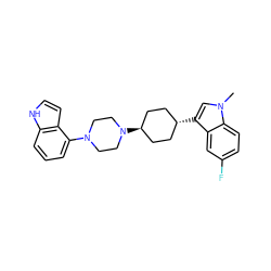 Cn1cc([C@H]2CC[C@H](N3CCN(c4cccc5[nH]ccc45)CC3)CC2)c2cc(F)ccc21 ZINC000101182123