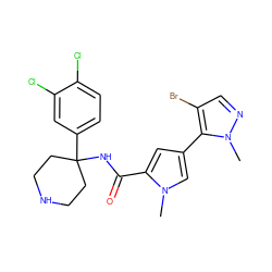 Cn1cc(-c2c(Br)cnn2C)cc1C(=O)NC1(c2ccc(Cl)c(Cl)c2)CCNCC1 ZINC000653912885