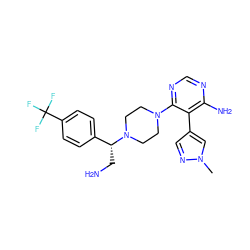 Cn1cc(-c2c(N)ncnc2N2CCN([C@H](CN)c3ccc(C(F)(F)F)cc3)CC2)cn1 ZINC000218678391