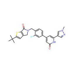 Cn1cc(-c2cc(-c3ccc(CN4Cc5cc(C(C)(C)C)sc5C4=O)c(F)c3)cc(=O)[nH]2)cn1 ZINC000219588848