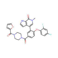 Cn1cc(-c2cc(C(=O)N3CCN(C(=O)c4ccco4)CC3)ccc2Oc2ccc(F)cc2F)c2cc[nH]c2c1=O ZINC000146398301