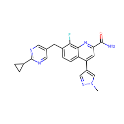 Cn1cc(-c2cc(C(N)=O)nc3c(F)c(Cc4cnc(C5CC5)nc4)ccc23)cn1 ZINC000221613712