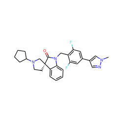 Cn1cc(-c2cc(F)c(CN3C(=O)[C@@]4(CCN(C5CCCC5)C4)c4ccccc43)c(F)c2)cn1 ZINC000095589712