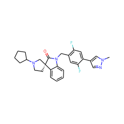 Cn1cc(-c2cc(F)c(CN3C(=O)[C@@]4(CCN(C5CCCC5)C4)c4ccccc43)cc2F)cn1 ZINC000095588246