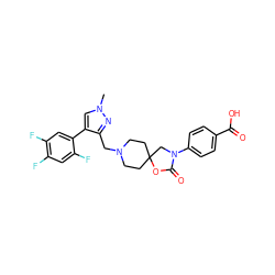 Cn1cc(-c2cc(F)c(F)cc2F)c(CN2CCC3(CC2)CN(c2ccc(C(=O)O)cc2)C(=O)O3)n1 ZINC000144531879