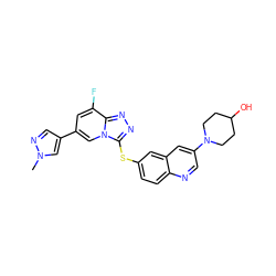 Cn1cc(-c2cc(F)c3nnc(Sc4ccc5ncc(N6CCC(O)CC6)cc5c4)n3c2)cn1 ZINC000204983445