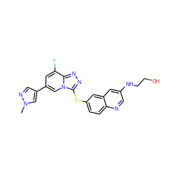 Cn1cc(-c2cc(F)c3nnc(Sc4ccc5ncc(NCCO)cc5c4)n3c2)cn1 ZINC000218901683