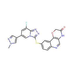 Cn1cc(-c2cc(F)c3nnc(Sc4ccc5ncc6c(c5c4)OCC(=O)N6)n3c2)cn1 ZINC000220173334