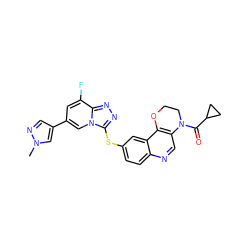 Cn1cc(-c2cc(F)c3nnc(Sc4ccc5ncc6c(c5c4)OCCN6C(=O)C4CC4)n3c2)cn1 ZINC000220152777