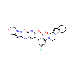 Cn1cc(-c2cc(F)cc(N3CCn4c(cc5c4CCCC5)C3=O)c2CO)cc(Nc2cc3n(n2)CCOC3)c1=O ZINC000116054002