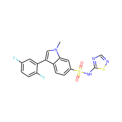 Cn1cc(-c2cc(F)ccc2F)c2ccc(S(=O)(=O)Nc3ncns3)cc21 ZINC000205427482