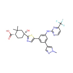 Cn1cc(-c2cc(Nc3nccc(C(F)(F)F)n3)cc(-c3cnc([C@@]4(O)CC[C@H](C(=O)O)C(C)(C)C4)s3)c2)cn1 ZINC000221387469