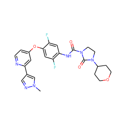 Cn1cc(-c2cc(Oc3cc(F)c(NC(=O)N4CCN(C5CCOCC5)C4=O)cc3F)ccn2)cn1 ZINC000218306514