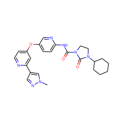 Cn1cc(-c2cc(Oc3ccc(NC(=O)N4CCN(C5CCCCC5)C4=O)nc3)ccn2)cn1 ZINC000218343559