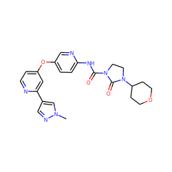 Cn1cc(-c2cc(Oc3ccc(NC(=O)N4CCN(C5CCOCC5)C4=O)nc3)ccn2)cn1 ZINC000218306081