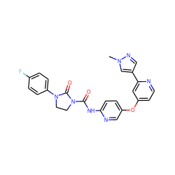 Cn1cc(-c2cc(Oc3ccc(NC(=O)N4CCN(c5ccc(F)cc5)C4=O)nc3)ccn2)cn1 ZINC000221167488