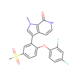 Cn1cc(-c2cc(S(C)(=O)=O)ccc2Oc2ccc(F)cc2F)c2cc[nH]c(=O)c21 ZINC000220915867