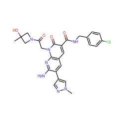 Cn1cc(-c2cc3cc(C(=O)NCc4ccc(Cl)cc4)c(=O)n(CC(=O)N4CC(C)(O)C4)c3nc2N)cn1 ZINC000221776797